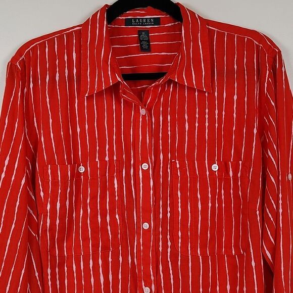 Lauren Ralph Lauren Orange and White Striped Roll Tab Sleeve Button Down Blouse - Picture 5 of 11